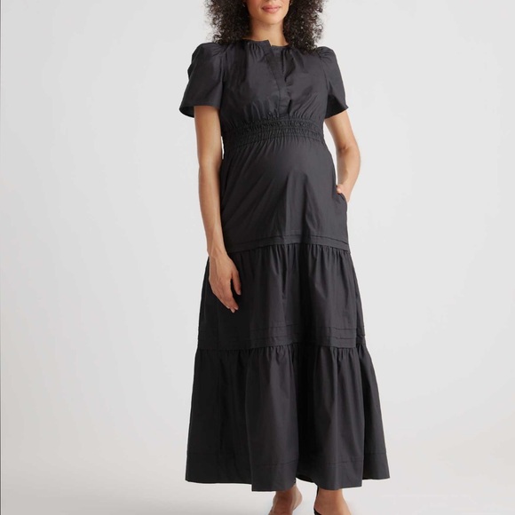Quince- Black Cotton Poplin Maternity Tiered Shortsleeve Maxi Dress - Picture 1 of 4